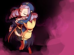Rule 34 | 1girl, closed eyes, dlanor a. knox, drill hair, female focus, from above, full body, gradient background, hat, long hair, niso, purple hair, solo, standing, thighhighs, umineko no naku koro ni