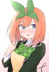 Rule 34 | 1girl, :d, blue eyes, blush, bow, breasts, collared shirt, commentary request, eyebrows hidden by hair, go-toubun no hanayome, gradient background, green bow, green jacket, green ribbon, hair between eyes, hair ribbon, jacket, kujou karasuma, long sleeves, looking at viewer, medium breasts, nakano yotsuba, open clothes, open jacket, open mouth, orange hair, pink background, ribbon, shirt, signature, smile, solo, sweat, sweater vest, upper body, white background, white shirt