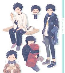 Rule 34 | 1boy, :t, animal, baozi, black footwear, black hair, black jacket, black pants, blue scarf, bowl, brown jacket, brown pants, casual, chewing, chibi, cropped legs, cup, drawstring, drinking glass, drop shadow, drunk, eating, feeding, food, food wrapper, hands in pockets, hands up, holding, holding food, jacket, kazama souya, layered clothes, long sleeves, looking at viewer, lying, male focus, moimoiuo, multiple views, no shoes, hugging object, on side, open clothes, open jacket, open mouth, pants, rabbit, red eyes, rice, scarf, shirt, shoes, short hair, sitting, socks, spiked hair, standing, suspenders hanging, t-shirt, turtleneck, twitter username, undershirt, white background, world trigger
