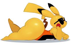Rule 34 | 1boy, ass, bottomless, creatures (company), eric lowery, furry, game freak, gen 1 pokemon, hand on own cheek, hand on own face, huge ass, lying, nintendo, on stomach, pikachu, pokemon, pokemon (creature), sunglasses, tail, tank top, thick thighs, thighs, white background