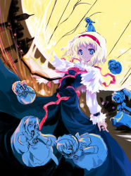 Rule 34 | 1girl, alice margatroid, blonde hair, blue eyes, capelet, doll, female focus, flying, hairband, hourai doll, looking at viewer, moon, object on head, ribbon, shanghai doll, smile, solo, touhou