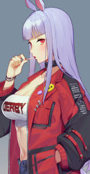 Rule 34 | 1girl, animal ears, blue background, blunt bangs, breasts, candy, choker, cleavage, food, from side, gold ship (umamusume), hand in pocket, highres, horse ears, jacket, kugi ta hori taira, large breasts, light purple hair, lollipop, long hair, looking at viewer, midriff, mouth hold, nail polish, navel, open clothes, open jacket, open pants, pants, red eyes, red nails, sidelocks, simple background, solo, strapless, tube top, umamusume, wristband