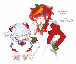 Rule 34 | 2girls, abbystea, apron, blue hair, cheek pinching, height difference, juliet sleeves, long sleeves, maid, multiple girls, original, people&#039;s republic of china flag, pinching, puffy short sleeves, puffy sleeves, red hair, russian flag, russian text, short sleeves, sweat, visible ears