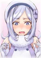Rule 34 | 10s, 1girl, aila jyrkiainen, bad id, bad pixiv id, blue eyes, blush, elbow gloves, fur trim, gloves, gundam, gundam build fighters, hat, long hair, looking at viewer, matsuryuu, open mouth, silver hair, solo, upper body, wavy mouth, white gloves