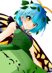 Rule 34 | 1girl, :d, antenna hair, blue hair, bug, butterfly, butterfly wings, closed mouth, dress, eternity larva, from below, green dress, highres, insect, insect wings, leaf, leaf on head, looking at viewer, muumuu (sirufuruteienn), one-hour drawing challenge, open mouth, orange eyes, short hair, simple background, sleeveless, smile, solo, touhou, upper body, white background, wings