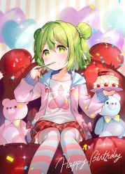 Rule 34 | 1girl, absurdres, balloon, blouse, blurry, blurry background, blush, bow, braid, cake, collarbone, commentary request, confetti, depth of field, double bun, drawstring, eating, feet out of frame, food, food on face, fruit, green eyes, green hair, hair between eyes, hair bun, happy birthday, heart balloon, highres, holding, hood, hood down, hooded jacket, jacket, long sleeves, meito (maze), morinaka kazaki, nijisanji, open clothes, open jacket, pink bow, pink jacket, plaid, plaid shorts, puffy long sleeves, puffy shorts, puffy sleeves, red shorts, shirt, short shorts, shorts, sitting, sleeves past wrists, solo, strawberry, striped clothes, striped thighhighs, stuffed animal, stuffed toy, teddy bear, thighhighs, two side up, utensil in mouth, vertical stripes, virtual youtuber, white shirt