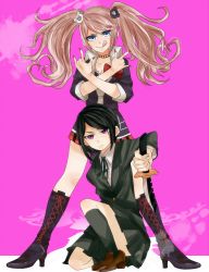 Rule 34 | 2girls, between legs, black choker, black hair, black jacket, black skirt, blonde hair, blue eyes, boots, bow, bowtie, bra, breasts, brown footwear, calf boots, calf socks, choker, cleavage, collarbone, collared shirt, combat knife, danganronpa: trigger happy havoc, danganronpa (series), enoshima junko, fake nails, fingernails, freckles, full body, green ribbon, highres, holding, holding knife, holding weapon, ikusaba mukuro, jacket, knife, leather, leather boots, miniskirt, multiple girls, nail polish, neck ribbon, necktie, on floor, pink background, plaid, plaid skirt, pleated skirt, purple eyes, red bow, red nails, red skirt, ribbon, shirt, siblings, sign of the horns, simple background, sisters, sitting, skirt, standing over another, tongue, tongue out, twins, twintails, underwear, weapon, white neckwear, white shirt, woman soldier