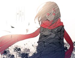 Rule 34 | 1girl, :|, additional memory (vocaloid), arms at sides, black flower, closed mouth, commentary request, enpera, expressionless, floating scarf, floral background, flower, greyscale, hair between eyes, hair ornament, hairclip, harino (harin0214), highres, kagerou project, long sleeves, looking at viewer, monochrome, neckerchief, no pupils, partial commentary, pleated skirt, red eyes, red scarf, sailor collar, scarf, school uniform, serafuku, shards, shirt, skirt, solo, spider lily, spot color, tateyama ayano, translated, triangle, white background, wind, wind lift