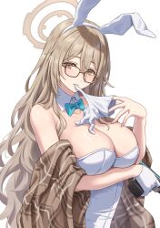 Rule 34 | 1girl, absurdres, akane (blue archive), akane (bunny) (blue archive), animal ears, arm under breasts, bare shoulders, biting, blue archive, blue bow, blue bowtie, bow, bowtie, breasts, brown eyes, brown hair, brown scarf, cleavage, detached collar, fake animal ears, glasses, glove biting, gloves, gun, halo, handgun, highres, holding, holding gun, holding weapon, large breasts, leotard, long hair, plaid, plaid scarf, rabbit ears, removing glove, scarf, simoumi 217, simple background, solo, upper body, very long hair, wavy hair, weapon, white background, white gloves, white leotard