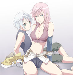 Rule 34 | 10s, 1boy, 1girl, bare shoulders, bike shorts, blue eyes, breasts, cleavage, couple, elbow gloves, final fantasy, final fantasy xiii, fingerless gloves, gloves, green eyes, height difference, hope estheim, lightning farron, long hair, lying, microspace, midriff, pink hair, pochi (pixiv19310), short hair, shorts, tank top, tattoo, undressing, unzipped, white hair