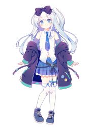 Rule 34 | 1girl, bare shoulders, black bow, black jacket, blue footwear, blue necktie, blue skirt, blush, bow, closed mouth, collared shirt, commentary request, drawstring, full body, hair bow, head tilt, jacket, long hair, long sleeves, looking at viewer, md5 mismatch, miniskirt, navel, necktie, off shoulder, one side up, open clothes, open jacket, original, pleated skirt, resolution mismatch, shirt, shoes, simple background, skirt, sleeveless, sleeveless shirt, sleeves past wrists, smile, solo, source larger, standing, tareme, thighhighs, white background, white hair, white shirt, white thighhighs, yatsuki yura, zettai ryouiki