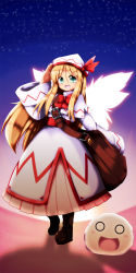 Rule 34 | 1girl, arm up, bag, blonde hair, blush, boots, dress, female focus, green eyes, highres, kedama (touhou), lily white, long hair, masu shu, night, open mouth, salute, satchel, sleeves past wrists, smile, solo, star (symbol), touhou, wings