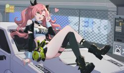 Rule 34 | 1girl, :d, absurdres, bare shoulders, black footwear, black ribbon, black thighhighs, boots, car, clothing cutout, commentary, green eyes, hair ornament, hairclip, hand up, high heel boots, high heels, highres, lance (lancelliu), long hair, long sleeves, looking at viewer, midriff, motor vehicle, navel, nicole demara, on vehicle, open mouth, pink hair, ribbon, shoulder cutout, single thighhigh, sitting, smile, solo, stomach, strapless, thigh strap, thighhighs, thighs, tube top, two side up, very long hair, w, zenless zone zero