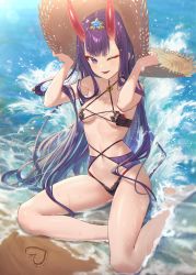 Rule 34 | 1girl, absurdres, alternate hair length, alternate hairstyle, banned artist, bare shoulders, beach, bikini, black bikini, blue sky, blush, breasts, collarbone, dai nikucho, day, eyeliner, fate/grand order, fate (series), hat, headpiece, highres, horns, long hair, looking at viewer, makeup, navel, ocean, one eye closed, oni, open mouth, purple eyes, purple hair, shore, shuten douji (fate), skin-covered horns, sky, small breasts, smile, solo, straw hat, swimsuit, thighs