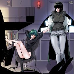 Rule 34 | 2girls, absurdres, artist name, bad id, bad pixiv id, black dress, black eyes, black hair, breasts, chair, coat, collared dress, commentary request, curly hair, desk, dress, fubuki (one-punch man), fur coat, green eyes, green hair, highres, large breasts, long sleeves, looking at viewer, multiple girls, one-punch man, one eye closed, pants, sgb, short hair, siblings, sisters, small breasts, smile, sweater, tatsumaki