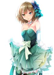 Rule 34 | 10s, 1girl, bad id, bad twitter id, blue eyes, blush, bow, brown hair, detached sleeves, dress, elbow gloves, flower, frilled dress, frills, gloves, green dress, green eyes, green thighhighs, hair flower, hair ornament, haruka natsuki, heterochromia, idolmaster, idolmaster cinderella girls, jewelry, looking at viewer, mole, mole under eye, necklace, short hair, simple background, skirt, skirt hold, smile, solo, takagaki kaede, thighhighs, white gloves