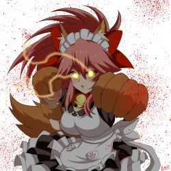 Rule 34 | 1girl, alternate costume, animal ear fluff, animal ears, animal hands, apron, bell, blood, blush stickers, breasts, cat paws, cleavage, collar, commentary, commentary request, enmaided, fangs, fate/grand order, fate (series), fox ears, fox girl, fox tail, gloves, glowing, hair ribbon, highres, jingle bell, k (kite), large breasts, long hair, looking at viewer, maid, maid apron, maid headdress, neck bell, paw gloves, pink hair, punching, red ribbon, ribbon, solo, tail, tamamo (fate), tamamo cat (fate), yellow eyes
