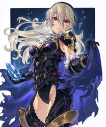 Rule 34 | 1girl, abinosu0903, armor, ascot, black leotard, breasts, cape, cleavage, corrin (female) (fire emblem), corrin (fire emblem), fire emblem, fire emblem fates, fire emblem heroes, gauntlets, gloves, hair between eyes, hairband, highres, leotard, long hair, looking at viewer, medium breasts, nintendo, official alternate costume, official art, pointy ears, red eyes, shoulder armor, simple background, smile, solo, thighhighs, thighs, white hair
