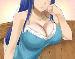 Rule 34 | 1girl, aged up, artist name, bare arms, bare shoulders, blue hair, blush, breast rest, breasts, cleavage, closed mouth, collarbone, counter, countertop, elbow rest, facing viewer, fairy tail, gaston18, hand up, hidden eyes, large breasts, leaning, long hair, nail polish, out of frame, solo, tagme, wendy marvell
