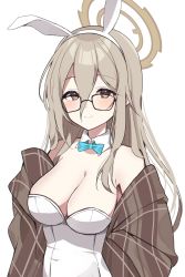 Rule 34 | 1girl, akane (blue archive), akane (bunny) (blue archive), animal ears, bare shoulders, blue archive, blue bow, blue bowtie, blush, bow, bowtie, breasts, brown eyes, brown hair, cleavage, closed mouth, detached collar, fake animal ears, glasses, hair between eyes, halo, highres, leotard, long hair, looking at viewer, murase48, playboy bunny, rabbit ears, simple background, smile, solo, upper body, white background, white leotard