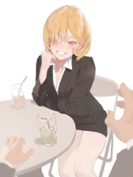 Rule 34 | 1boy, 1girl, black jacket, black skirt, blonde hair, breasts, chair, commentary request, cup, drinking straw, eyelashes, feet out of frame, grey eyes, hair over one eye, hand up, highres, jacket, leaning forward, long sleeves, looking at viewer, medium breasts, medium hair, miniskirt, office lady, original, parted bangs, pov, sekoshi (some1else45), shirt, simple background, sitting, skirt, small breasts, smile, some1else45, thighs, white background, white shirt