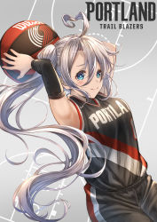 Rule 34 | 1girl, ahoge, arm warmers, armpits, arms behind head, arms up, azur lane, ball, bare shoulders, basketball, basketball (object), basketball court, basketball uniform, black shirt, black shorts, blue eyes, blush, breasts, closed mouth, clothes writing, commentary, copyright name, cowboy shot, floating hair, hair between eyes, heart, heart-shaped pupils, heart ahoge, highres, holding, holding ball, large breasts, long hair, looking at viewer, name connection, national basketball association, nike (company), portland (azur lane), portland trail blazers, shirt, shirt tucked in, shorts, side ponytail, sidelocks, silver hair, single arm warmer, sleeveless, sleeveless shirt, smile, solo, sportswear, symbol-shaped pupils, very long hair, white background, wilson sporting goods, yakkuro