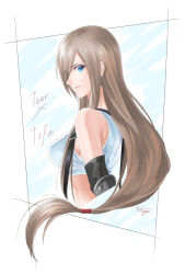 Rule 34 | 1girl, belt, black sleeves, blue eyes, breasts, brown hair, character name, closed mouth, cosplay, crop top, cropped torso, detached sleeves, earrings, final fantasy, final fantasy vii, floating hair, from side, hair over one eye, highres, jewelry, long hair, looking at viewer, low-tied long hair, medium breasts, mitsugu, sideboob, smile, solo, tales of (series), tales of the abyss, tear grants, tifa lockhart, tifa lockhart (cosplay), very long hair, white background