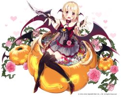 Rule 34 | 1girl, black bow, black ribbon, black thighhighs, black wings, blonde hair, bow, brown eyes, collarbone, copyright request, dress, eyebrows, fang, flower, heart, highres, holding, holding knife, jack-o&#039;-lantern, knife, lolita fashion, long hair, looking at viewer, open mouth, outstretched arms, pink flower, pumpkin, ribbon, sakuragi ren, simple background, sitting, solo, thighhighs, vampire, white background, wings