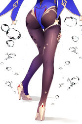 Rule 34 | 1girl, air bubble, ass, black pantyhose, blue capelet, blue leotard, bubble, capelet, commentary request, from behind, genshin impact, gold footwear, high heels, highleg, highleg leotard, highres, kobayashi chisato, leg focus, legs, leotard, lower body, mona (genshin impact), pantyhose, shadow, solo, white background