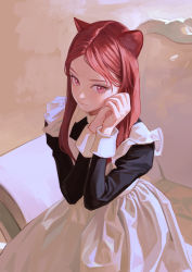 Rule 34 | 1girl, animal ears, closed mouth, couch, dress, expressionless, fkey, from above, hands up, highres, long hair, long sleeves, looking at viewer, maid, on couch, original, own hands together, pink eyes, red hair, sideways glance, sitting, solo, white dress