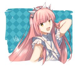 Rule 34 | 1girl, :d, armpit peek, blush, breasts, fate/grand order, fate (series), frills, long hair, looking at viewer, medb (fate), nikame, open mouth, pink hair, short sleeves, small breasts, smile, solo, tiara, upper body, v-shaped eyebrows, very long hair, yellow eyes