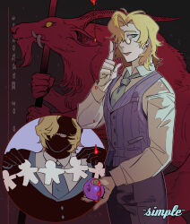 Rule 34 | 1boy, absurdres, blonde hair, brown background, collared shirt, commentary, commission, cowboy shot, demon, english commentary, food, fruit, glasses, green eyes, hand up, highres, holding, holding food, holding fruit, index finger raised, long sleeves, looking at viewer, male focus, medium hair, monster, multiple views, necktie, open mouth, original, pants, paper doll, paper doll chain, purple pants, purple vest, round eyewear, shirt, standing, striped clothes, striped vest, vest, yellow-framed eyewear, yulei yuuuuu