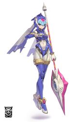 Rule 34 | 1girl, absurdres, adapted costume, android, blue eyes, blue hair, commentary, covered navel, crop top, fairy leviathan (mega man), floating, full body, helmet, highres, holding, holding polearm, holding weapon, looking at viewer, mar10, mechanical arms, mega man (series), mega man zero (series), open hand, polearm, robot girl, science fiction, shadow, solo, spear, weapon, white background