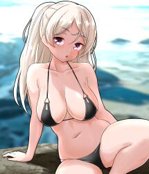 Rule 34 | 1girl, bikini, black bikini, breasts, brown eyes, cleavage, commentary request, conte di cavour (kancolle), dated, feet out of frame, furaggu (frag 0416), highres, kantai collection, large breasts, long hair, one-hour drawing challenge, sitting, solo, swimsuit, twitter username, two side up, white hair