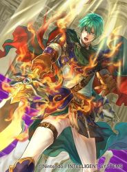 Rule 34 | 1boy, animal, armor, armored boots, blue eyes, boots, brown gloves, cape, commentary request, company name, copyright name, ephraim (fire emblem), fire, fire emblem, fire emblem: the sacred stones, fire emblem cipher, gloves, green hair, holding, holding weapon, horse, indoors, long sleeves, looking at viewer, male focus, nintendo, official art, pants, polearm, spear, sunlight, suzuki rika, turtleneck, weapon