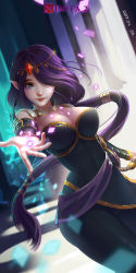 Rule 34 | 1girl, 2017, bare shoulders, black dress, breasts, circlet, cleavage, closed mouth, dota (series), dota 2, dress, green eyes, hair over one eye, highres, ja1990, lips, long hair, looking at viewer, makeup, pointy ears, ponytail, purple hair, smile, solo, templar assassin (dota)