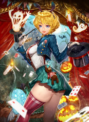 Rule 34 | 1girl, ace (playing card), ace of spades, animal ears, ass, bat (animal), blonde hair, blue eyes, candle, card, coffee dog, cropped jacket, curtains, fake animal ears, ghost, gloves, glowing, graveyard, hat, highres, jack-o&#039;-lantern, key, lips, magician, original, playing card, pleated skirt, rabbit ears, short hair, single thighhigh, skirt, smile, spade (shape), stuffed animal, stuffed toy, suspenders, teddy bear, thighhighs, thighs, top hat, wand, white gloves