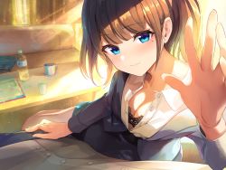 Rule 34 | 1boy, 1girl, blue eyes, bottle, breasts, brown hair, bulge, buttons, cleavage, coffee cup, couch, crotch grab, cup, curtains, disposable cup, formal, highres, leg up, maeshimashi, medium breasts, mole, mole under eye, office lady, original, ponytail, pov, presenting, suit, table, teasing, touching face, water bottle