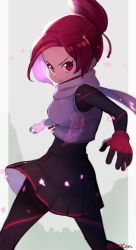Rule 34 | 1girl, fingerless gloves, gloves, glowing, kemurikusa, leaf, light particles, looking at viewer, miniskirt, otton, pantyhose, pleated skirt, red eyes, red hair, rin (kemurikusa), scarf, signature, simple background, skirt, solo, thighhighs, vest