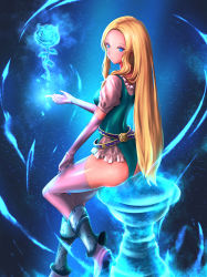 Rule 34 | 1girl, ass, blonde hair, blue eyes, boots, celes chere, elbow gloves, final fantasy, final fantasy vi, flower, forehead, from behind, gloves, green leotard, high heels, highres, leotard, long hair, looking back, magic, rose, sitting, solo, thighhighs, thighs, ura dora, very long hair, white footwear, white gloves, white thighhighs
