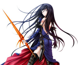 Rule 34 | 1girl, armor, ass, backless outfit, black hair, blue dress, blue eyes, castlevania (series), dress, highres, holding, holding weapon, long hair, looking at viewer, shanoa, simple background, solo, tamamon, weapon, white background