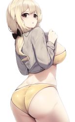 Rule 34 | 1girl, :o, ass, bikini, blonde hair, bow, breasts, brown eyes, clothes lift, cowboy shot, ddangbi, grey shirt, hair bow, highres, large breasts, long sleeves, looking at viewer, looking back, open mouth, original, ponytail, shirt, shirt lift, simple background, solo, swimsuit, thighs, white background, yellow bikini