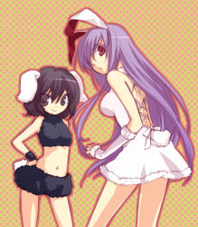 Rule 34 | 2girls, akr et, alternate color, alternate costume, animal ears, backless dress, backless outfit, bad id, bad pixiv id, bare back, bare shoulders, black hair, breasts, detached sleeves, dress, elbow gloves, female focus, gloves, inaba tewi, large breasts, long hair, looking back, medium breasts, midriff, multiple girls, navel, purple hair, rabbit ears, rabbit girl, rabbit tail, red eyes, reisen udongein inaba, smile, smirk, tail, touhou, white dress