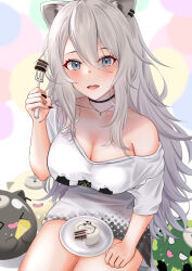 Rule 34 | 1girl, absurdres, animal ears, breasts, cleavage, fork, grey hair, highres, hololive, long hair, looking at viewer, medium breasts, ming.tian, open mouth, shishiro botan, short sleeves, solo, virtual youtuber