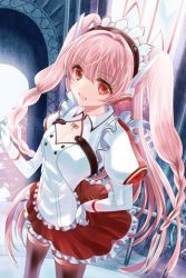 Rule 34 | arm up, barcode, black thighhighs, braid, frilled skirt, frills, gloves, hand on own hip, hip focus, long hair, lowres, maid headdress, open mouth, pink hair, pleated skirt, red eyes, reum, skirt, solo, sword girls, thighhighs, tree, twin braids