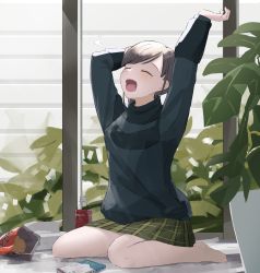 Rule 34 | 1girl, arms up, bag of chips, barefoot, black shirt, blush, bottle, brown hair, chips (food), closed eyes, commentary request, doran (dorannomai), facing viewer, food, green skirt, highres, idolmaster, idolmaster shiny colors, long sleeves, open mouth, plaid, plaid skirt, potato chips, shirt, sidelocks, sitting, skirt, sleepy, solo, sonoda chiyoko, stretching, tears, wariza, yawning