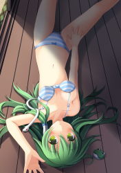 Rule 34 | 1girl, absurdres, bad id, bad pixiv id, blush, bow, bow bra, bow panties, bra, breasts, collarbone, female focus, frog, from above, green eyes, green hair, hair ornament, highres, indoors, kochiya sanae, lingerie, long hair, looking at viewer, lying, matching hair/eyes, on back, oruto (ort+), oruton, panties, short hair, small breasts, solo, strap slip, striped bra, striped clothes, striped panties, touhou, underwear, underwear only