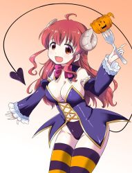 Rule 34 | 1girl, ahoge, blush, breasts, brown eyes, brown hair, cleavage, curled horns, demon girl, demon horns, demon tail, detached sleeves, fork, horns, jack-o&#039;-lantern, large breasts, long hair, machikado mazoku, medium breasts, mukaibi aoi, navel, open mouth, pumpkin, smile, solo, striped clothes, striped thighhighs, tail, thighhighs, yoshida yuuko (machikado mazoku)
