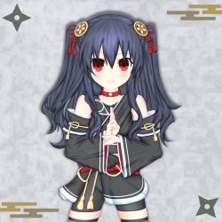 Rule 34 | absurdres, bare shoulders, black hair, breasts, choker, grey background, hair ornament, hairclip, highres, leggings, long hair, neptune (series), red eyes, rhapsofree, robe, shurikens, small breasts, smile, thighs, tsundere, twintails, two side up, uni (neptunia)