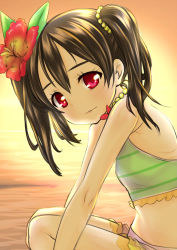 Rule 34 | 1girl, beads, bikini, bikini skirt, black hair, closed mouth, commentary, day, flower, frilled bikini, frills, from side, green bikini, hair beads, hair flower, hair ornament, highres, jewelry, light smile, looking at viewer, love live!, love live! school idol project, mismatched bikini, natsuiro egao de 1 2 jump!, necklace, outdoors, red eyes, shiromitsu suzaku, short hair, sitting, solo, striped bikini, striped clothes, sunset, swimsuit, twintails, yazawa nico